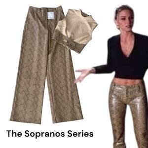 Mob Wife Faux Snake Print Pants Set Buckle Crop Top High Rise Wide Leg S NWT